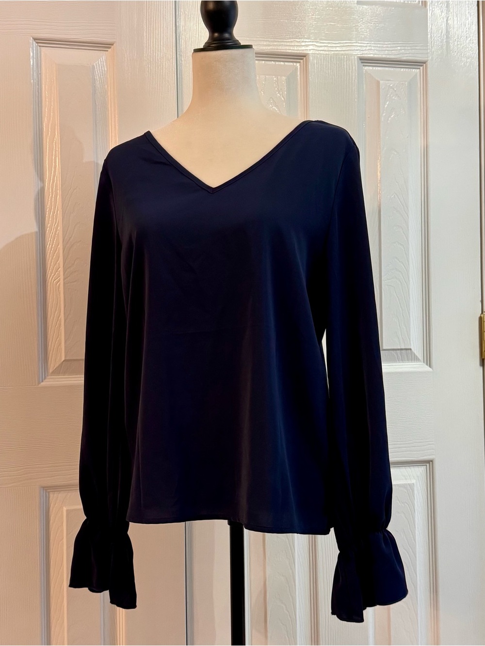 SHEIN Navy V-Neck Long Sleeve Blouse with Ruffle Cuffs